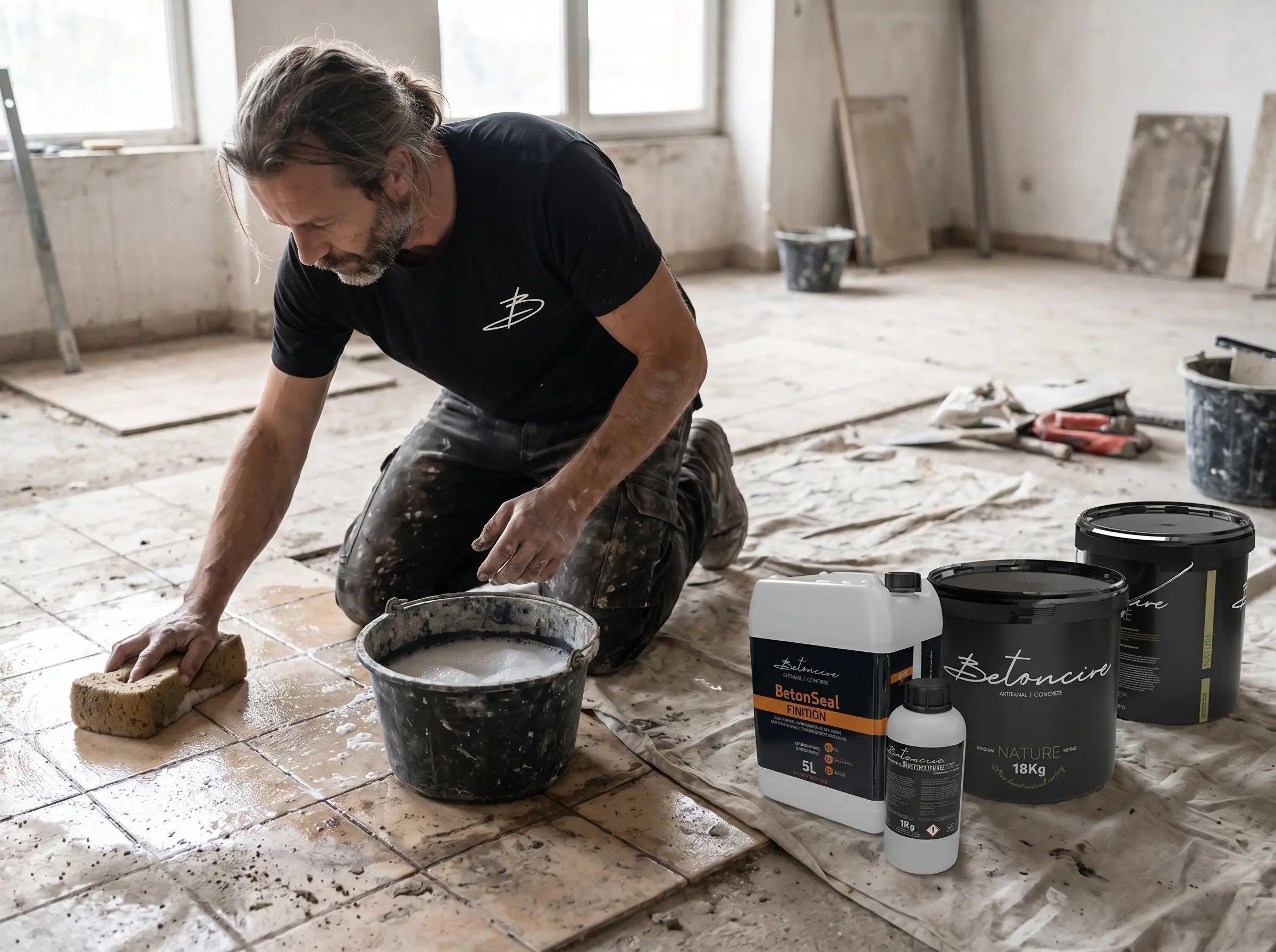 Professional installer cleaning tile floor with sponge before applying Betoncire microcement coating