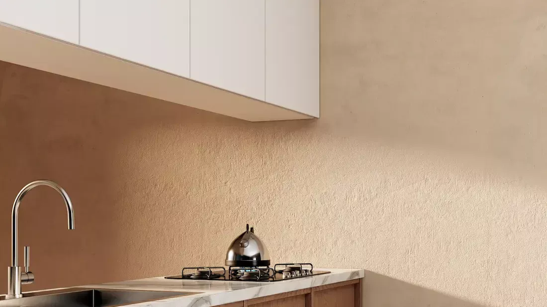 Cocina de microcemento con muebles de madera